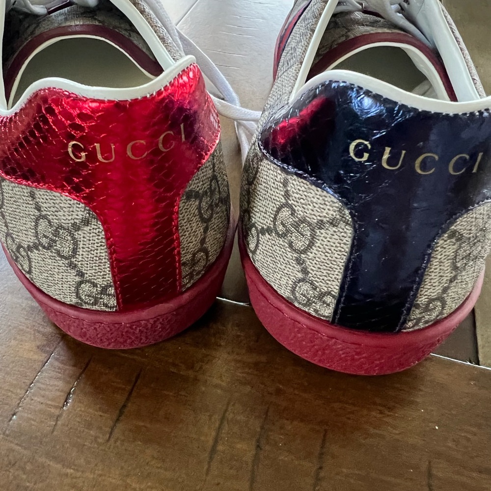 Gucci Beige GG Monogram Sneakers with Red and Black Web - Picture 2 of 9